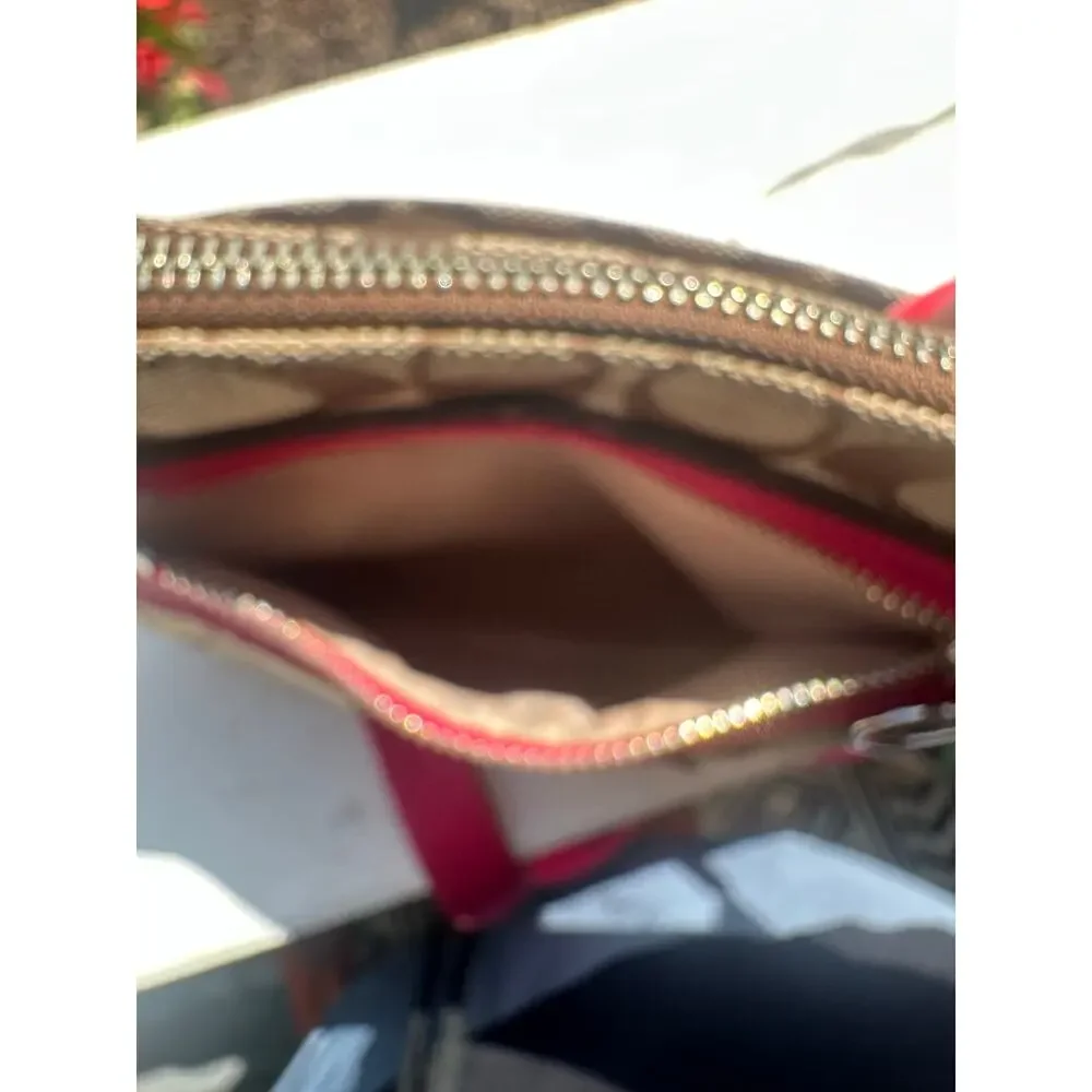Coach Signature Khaki Pink Jacquard Swingpack Crossbody Bag Heart Charm